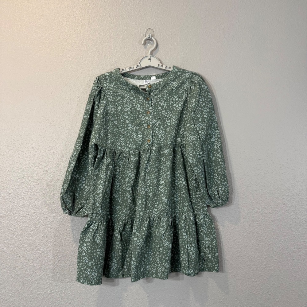 Gap Girl's Size XL (14/16) Green Ditsy Floral Corduroy Long Sleeve Tiered Dress